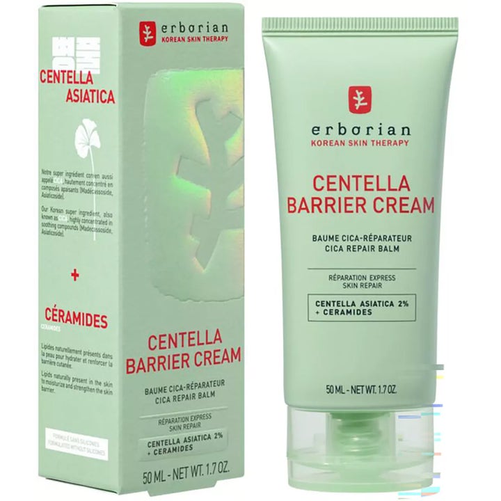Erborian Centella Barrier Cream 50 ml rauhoittava kasvovoide vaaleanvihreässä tuubissa ja pakkauksessa sisältää keramideja.