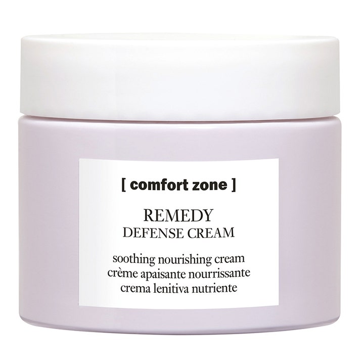 Comfort Zone Remedy Defense Cream rauhoittava ja ravitseva kasvovoide vaaleanliilassa purkissa valkoisella kannella
