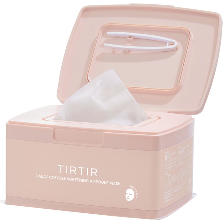 TIRTIR Galactomyces Softening Ampoule Mask 30 kpl pehmentävä kangasnaamio vaaleanpunaisessa rasiassa, jossa on pinsetit.