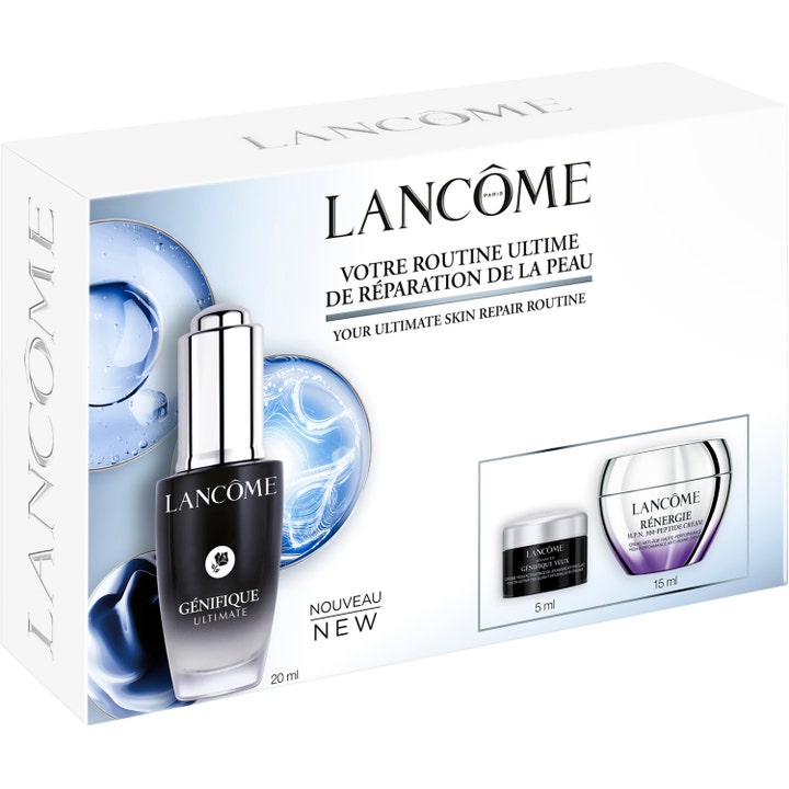 Lancôme Génifique Starter Kit 2025 1 kpl korjaava ihonhoitosetti valkoisessa rasiassa mustalla seerumipullolla