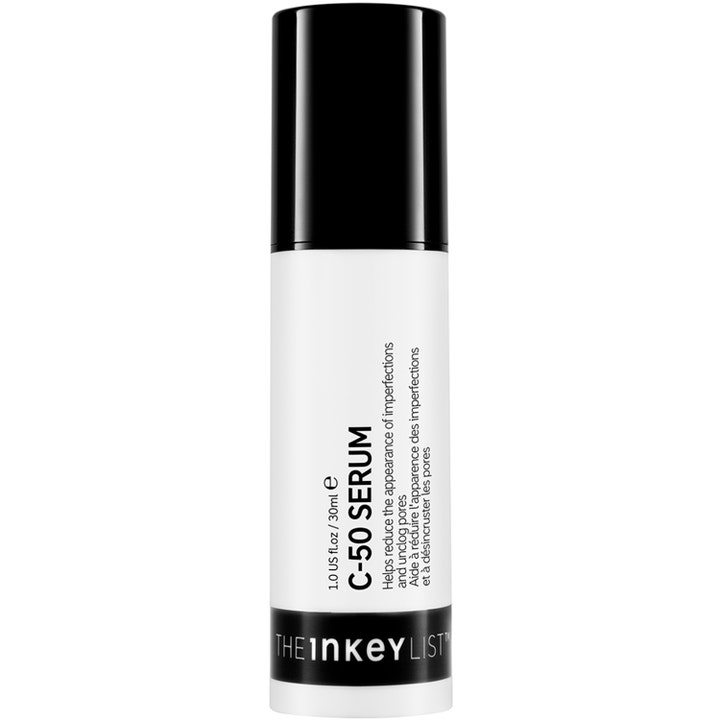 The Inkey List C-50 Serum 30 ml epäpuhtauksia vähentävä kasvoseerumi valkoisessa sylinteripullossa mustalla korkilla