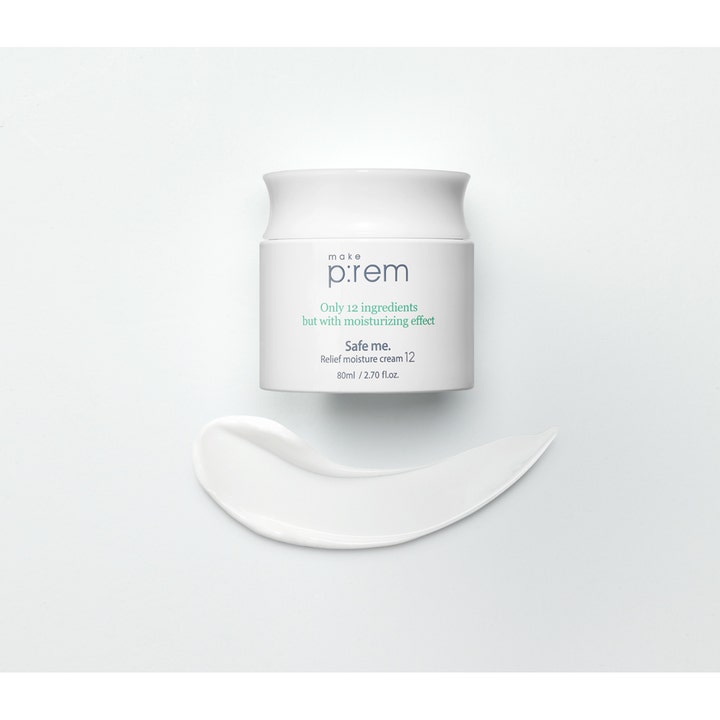 Make Prem Safe Me Relief Moisture Cream 12 80 ml kosteuttava kasvovoide valkoisessa purkissa ja täyteläinen voidenäyte
