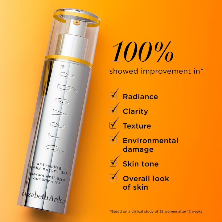 Elizabeth Arden Prevage Anti-aging Daily Serum 2.0 50 ml kirkastava seerumi hopeisessa pullossa 100% tulos -tekstillä.
