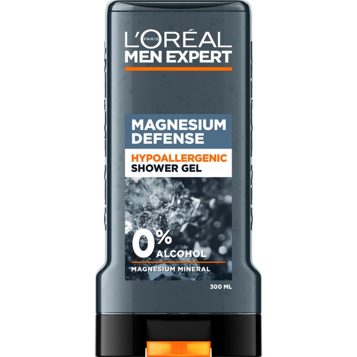 L'Oréal Men Expert Magnesium Defence 300ml hypoallergeeninen suihkugeeli harmaassa muovipullossa mustalla korkilla.