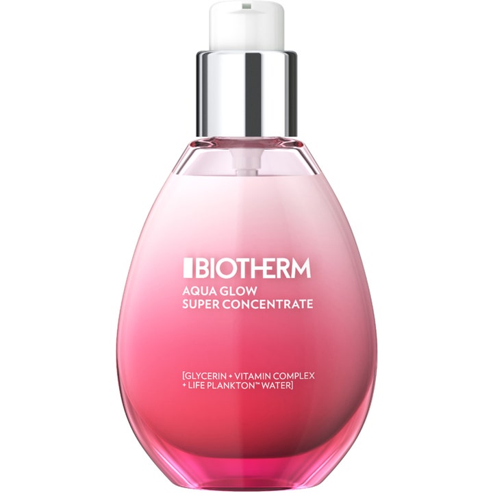 Biotherm Aqua Glow Super Concentrate 50 ml heleyttävä kasvoseerumi pinkissä pisaranmuotoisessa lasipullossa.