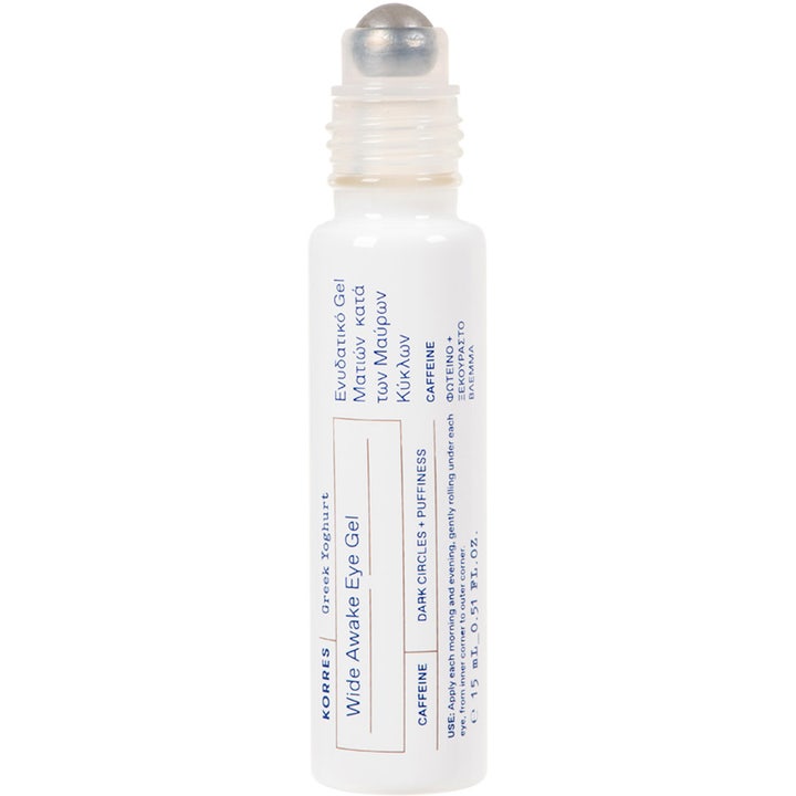 Korres Greek Yoghurt Wide Awake Eye Gel 15 ml turvotusta poistava silmänympärysgeeli valkoisessa hylsyssä metallikuulalla.