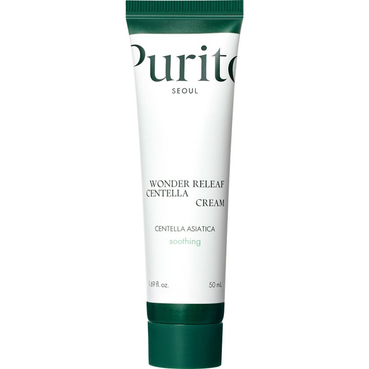 Purito Seoul Wonder Releaf Centella Cream 50 ml rauhoittava kasvovoide valkoisessa tuubissa vihreällä korkilla.