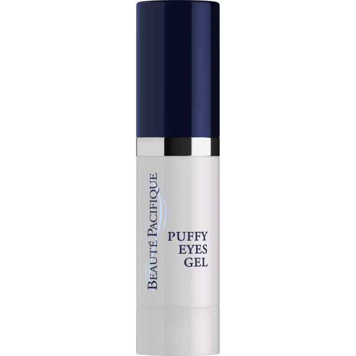 Beauté Pacifique Puffy Eyes Gel 15 ml turvotusta vähentävä silmänympärysgeeli valkoisessa pullossa sinisellä korkilla.