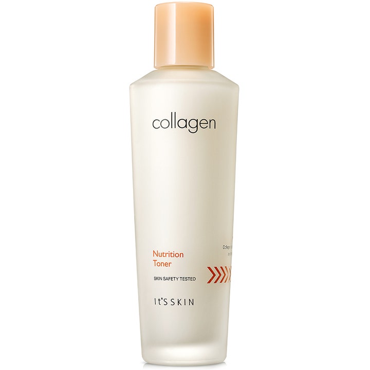 It'S SKIN Collagen Nutrition Toner 150 ml ravitseva kasvovesi huurteisessa valkoisessa pullossa persikkaisella korkilla