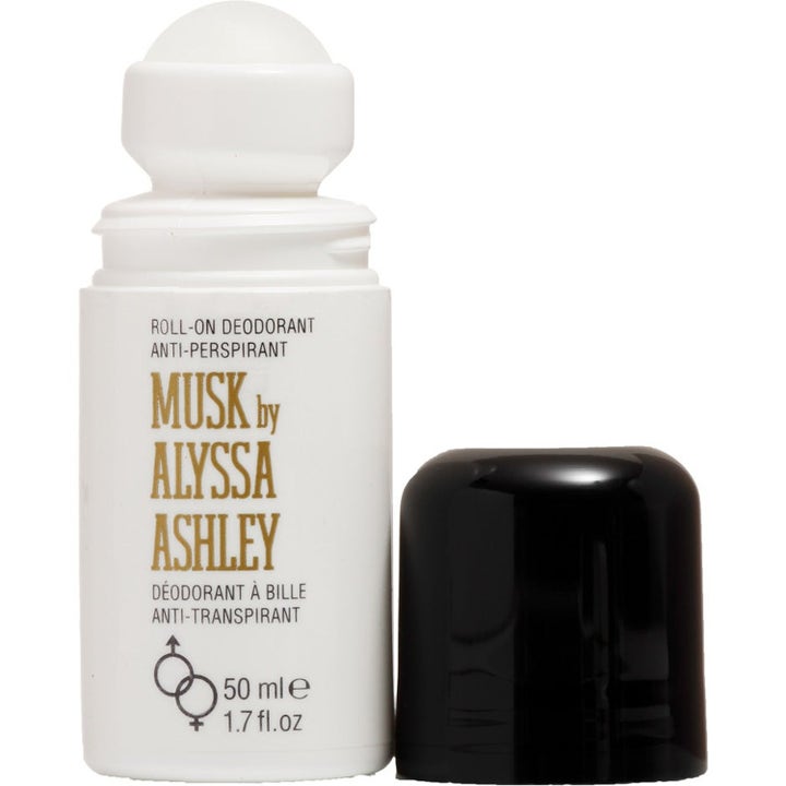 Alyssa Ashley Musk Roll-On Deodorant 50 ml on raikastava anti-perspirantti valkoisessa pullossa mustalla korkilla.