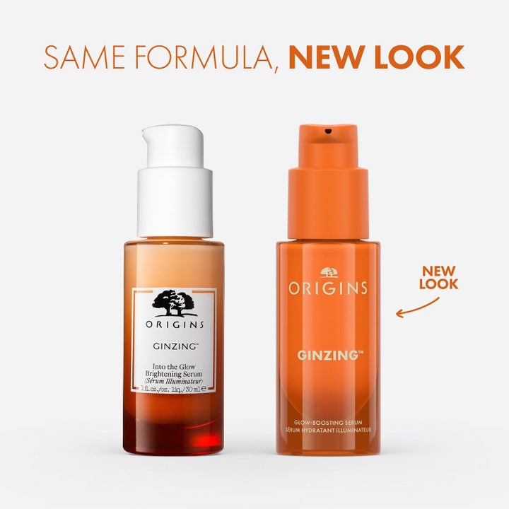 Origins Glow Getter 45 ml heleyttävä seerumi vanhassa ja uudessa oranssissa pumppupullossa.