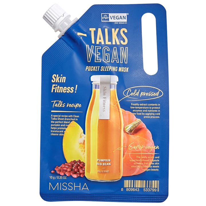 Missha Talks Vegan Pocket Sleeping Mask 10 g silottava yönaamio sinisessä pussipakkauksessa jossa on kurpitsa