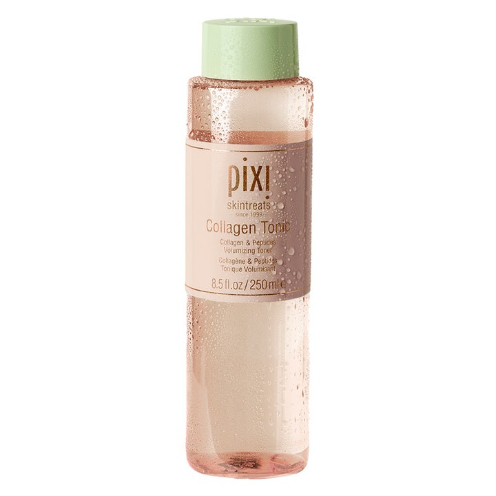 Pixi Collagen Tonic 250 ml täyteläistävä kasvovesi vihreäkantisessa pisaroiden peittämässä kirkkaassa pullossa