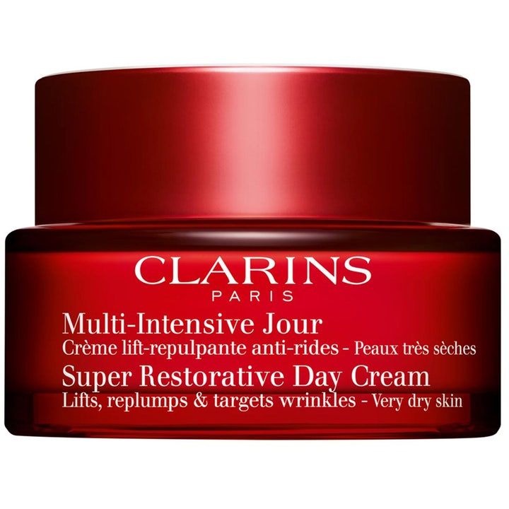 Clarins Super Restorative Day Cream 50 ml kiinteyttävä päivävoide silottaa ryppyjä punaisessa lasipurkissa.
