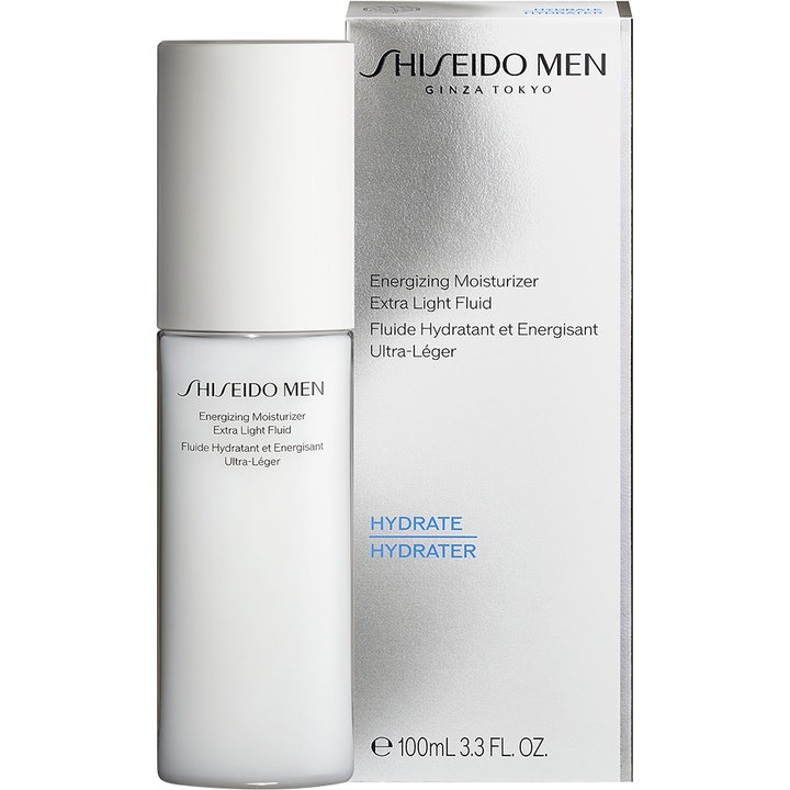 Shiseido Men Energizing Moisturizer Fluid 100 ml virkistävä kasvovoide valkoisessa pumppupullossa ja pakkauksessa.
