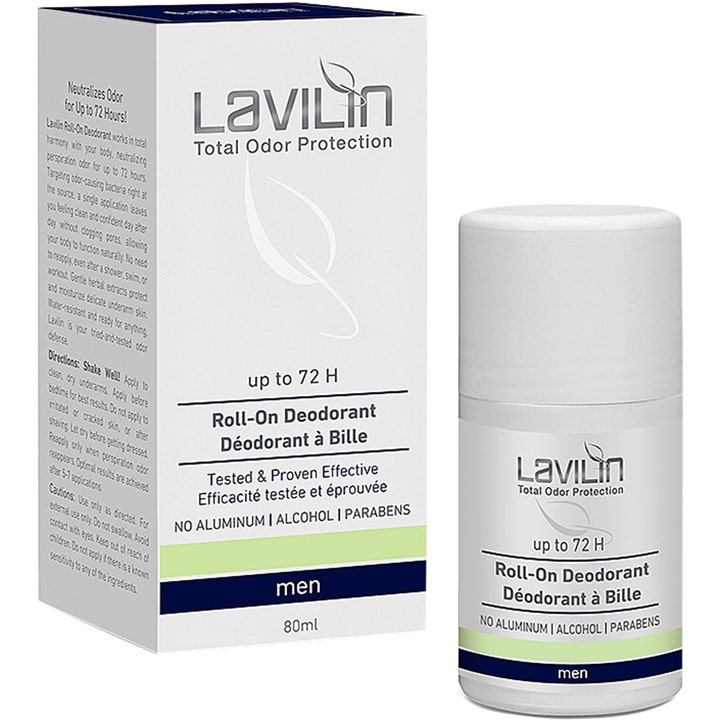Lavilin Roll-On Deodorant Men 80 ml alumiiniton deodorantti valkoisessa pahvipakkauksessa ja roll-on-pullossa