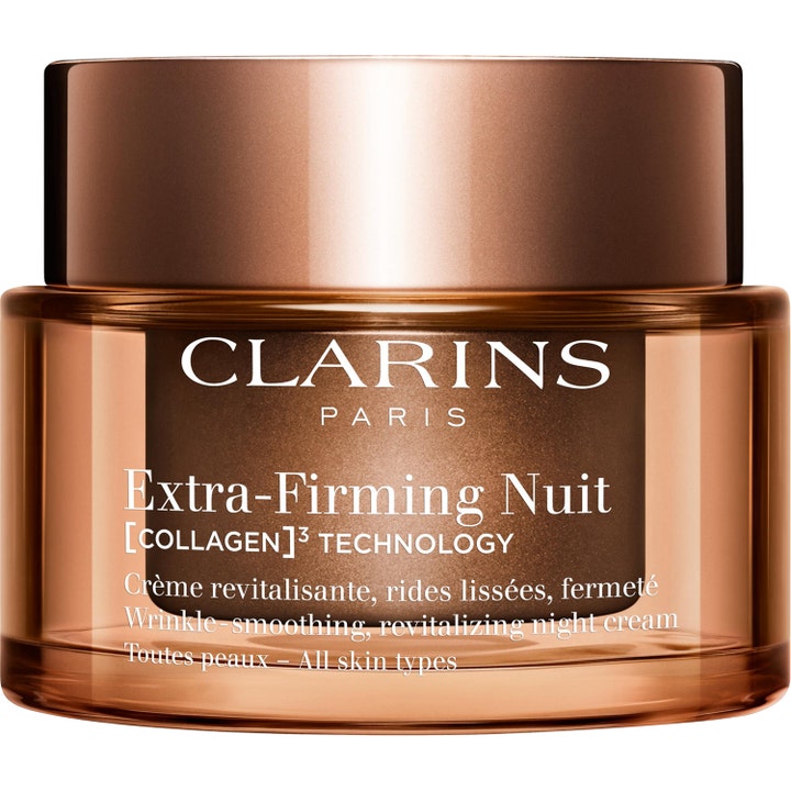 Clarins Extra-Firming Nuit kiinteyttävä yövoide silottaa ryppyjä ruskeassa lasipurkissa kuparinvärisellä kannella