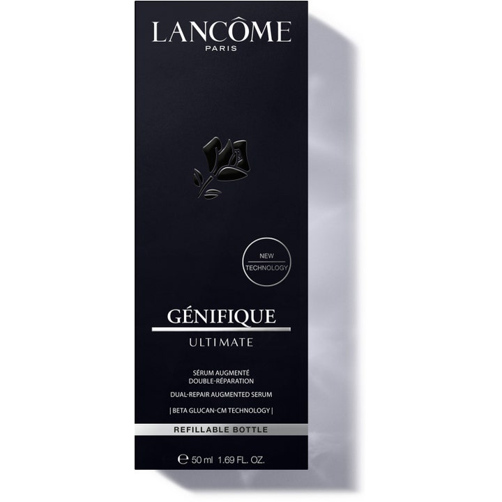 Lancôme Génifique Ultimate Serum 50 ml korjaava kasvoseerumi tyylikkäässä mustassa pakkauksessa hopeisella ruusulla