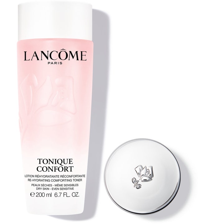 Lancôme Tonique Confort 200 ml kosteuttava kasvovesi vaaleanpunaisessa pullossa ja valkoinen korkki hopeisella logolla