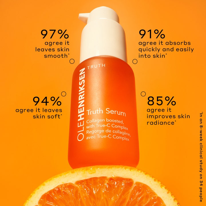 Ole Henriksen Truth Serum 30 ml kirkastava seerumi oranssissa pullossa appelsiinin ja tutkimustulosten kera.