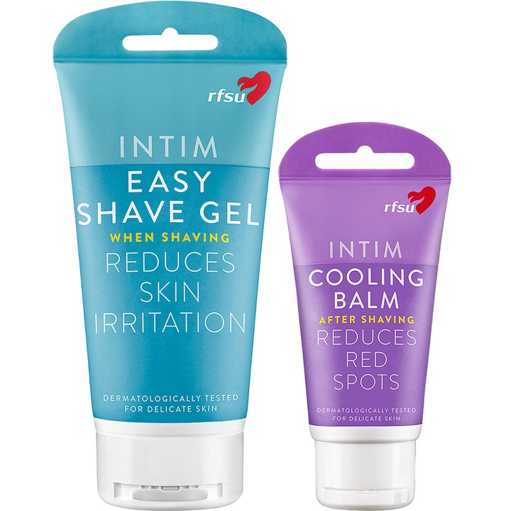 RFSU Intim Easy Shave Gel ja Cooling Balm intiimiajopakkaus rauhoittaa ihoa sinisissä ja liiloissa tuubeissa.