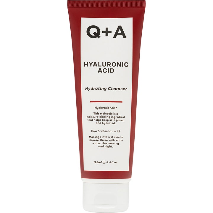 Q+A Hyaluronic Acid Hydrating Cleanser 125 ml kosteuttava puhdistustuote punaisessa tuubissa valkoisella etiketillä