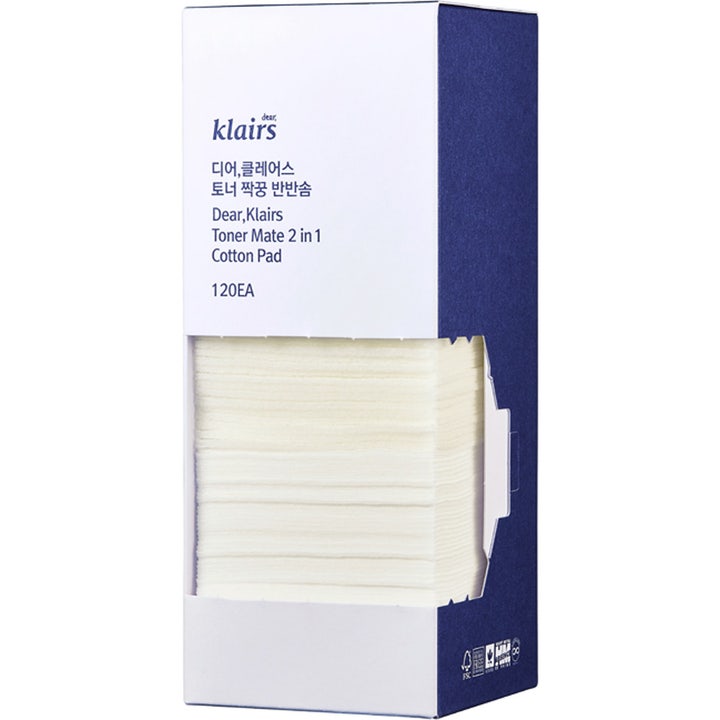 Klairs Toner Mate 2 in 1 Cotton Pad 120 kpl vanulappuja kasvoille sinivalkoisessa ikkunallisessa pakkauksessa