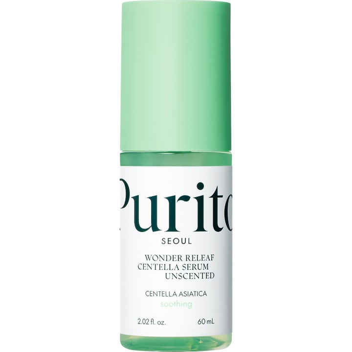 Purito Wonder Releaf Centella Serum Unscented 60 ml rauhoittava seerumi vaaleanvihreällä korkilla ja kirkkaalla pullolla