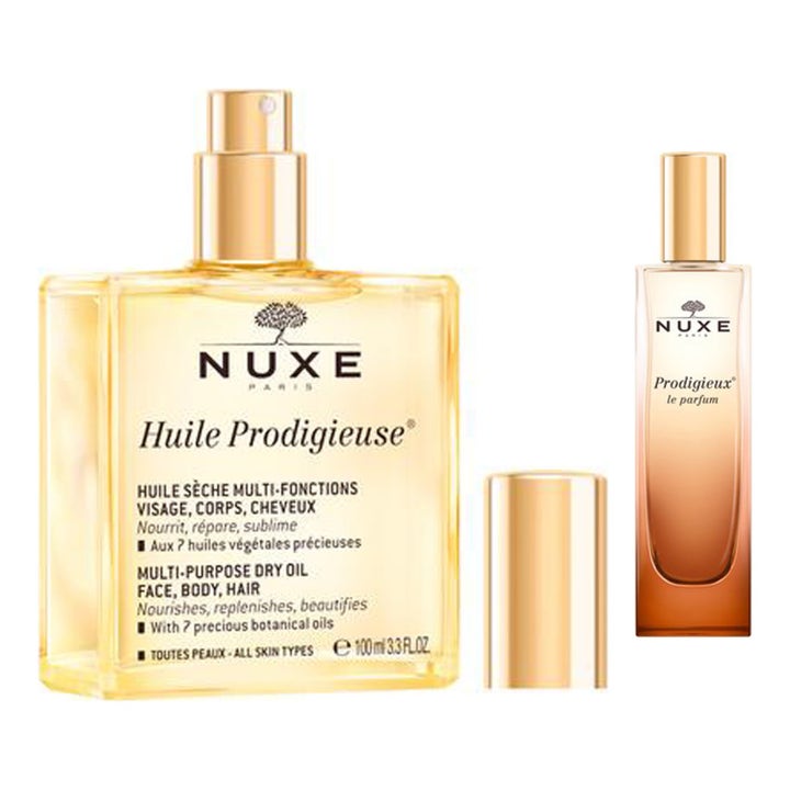 Nuxe Prodigieux le parfum ja ravitseva Huile Prodigieuse monitoimiöljy kultakorkkisissa lasipulloissa