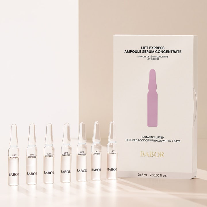 Babor Ampoule Lift Express 14 ml kiinteyttävä seerumi seitsemän lasiampullia valkoisen pakkauksen edessä
