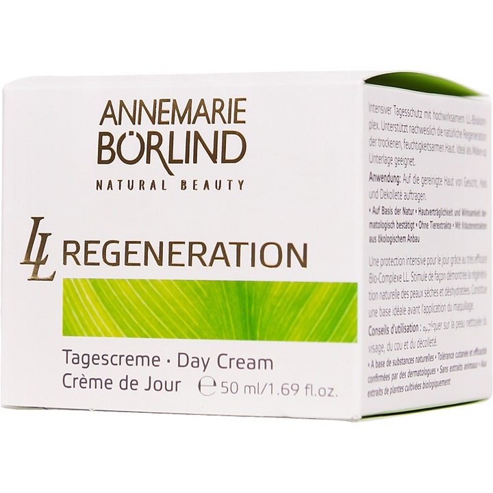 Annemarie Börlind LL Regeneration Day Cream 50 ml uudistava päivävoide valkoisessa pakkauksessa vihreällä raidalla
