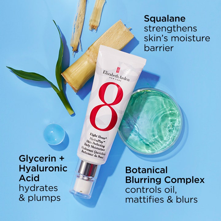 Elizabeth Arden Eight Hour Cream Hydraplay 45 ml kosteuttava päivävoide tuubissa ainesosien ympäröimänä