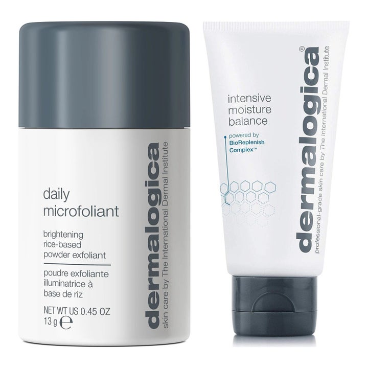 Dermalogica Intensive Moisture Balance ja Daily Microfoliant kosteuttava kasvovoide ja kuorinta harmailla korkeilla.