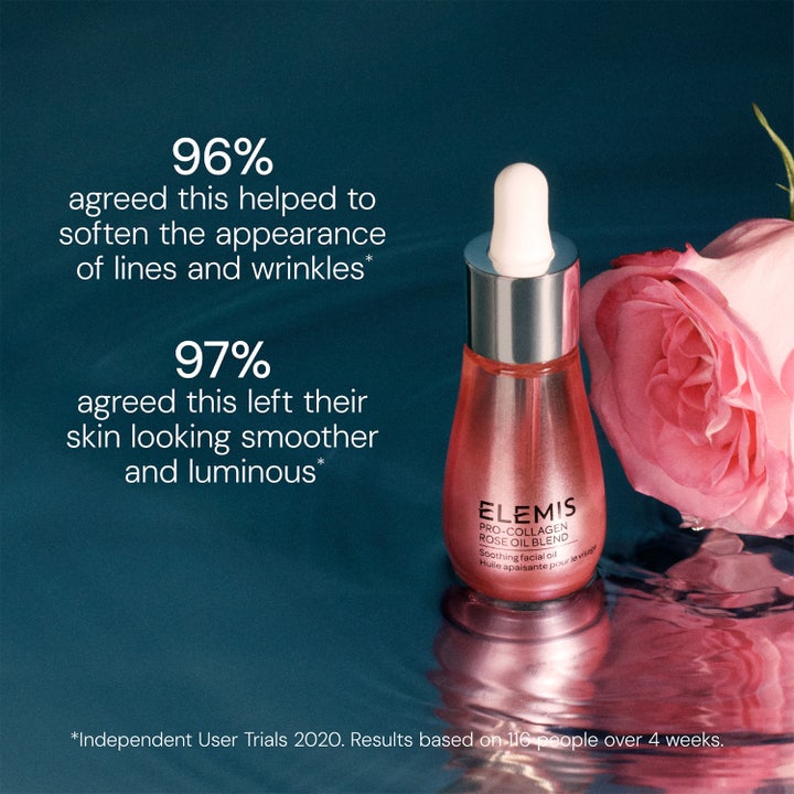 Elemis Pro-Collagen Rose Facial Oil 15 ml silottava kasvoöljy vaaleanpunaisessa pipettipullossa ruusun kera.