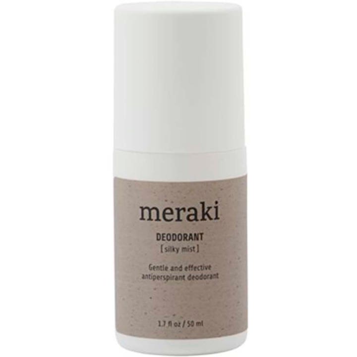 Meraki Deodorant Silky Mist 50 ml antiperspirantti valkoisessa pakkauksessa, jossa on ruskea etiketti.