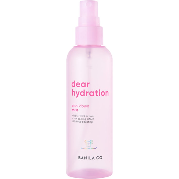 Banila Co Dear Hydration Cool Down Mist 99 ml kosteuttava kasvosuihke läpikuultavassa vaaleanpunaisessa pullossa.
