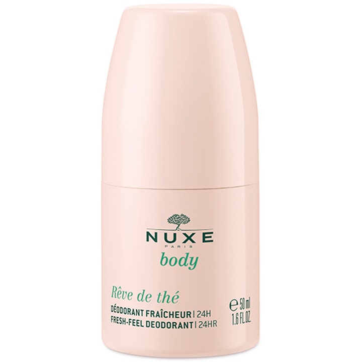 Nuxe Body Rêve de thé 50 ml raikastava deodorantti antaa 24h suojan vaaleanpunaisessa pyöreässä roll-on-pakkauksessa.