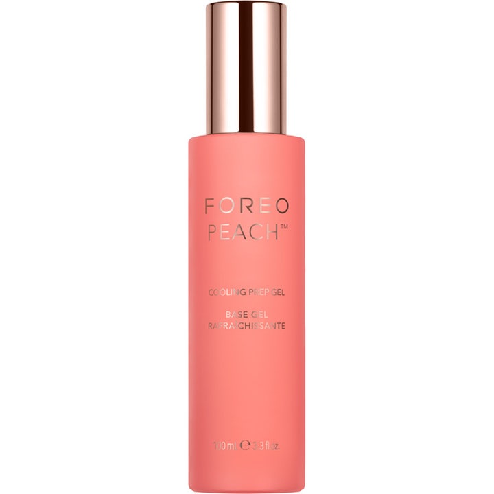 Foreo Peach Cooling Prep Gel 100 ml viilentävä pohjageeli persikanvärisessä pullossa ruusukultaisella korkilla
