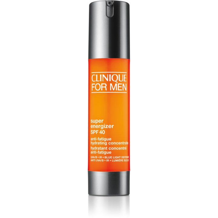 Clinique For Men Super Energizer SPF 40 48 ml virkistävä kosteustiiviste oranssissa pullossa harmaalla pumpulla