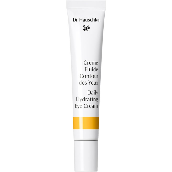 Dr. Hauschka Daily Hydrating Eye Cream 12,5 ml kosteuttava silmänympärysvoide valkoisessa tuubissa keltaisella raidalla.