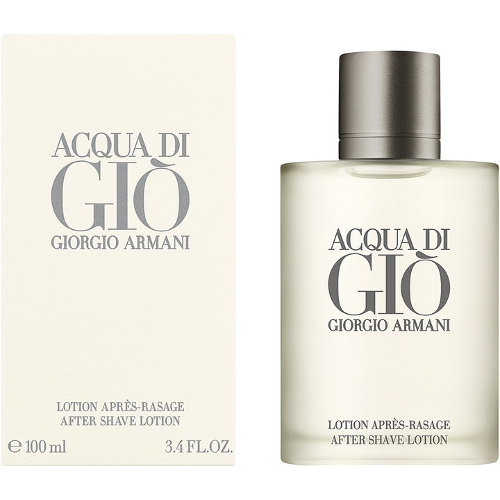 Armani Acqua Di Gio Homme 100 ml rauhoittava after shave lotion huurteisessa lasipullossa harmaalla korkilla.