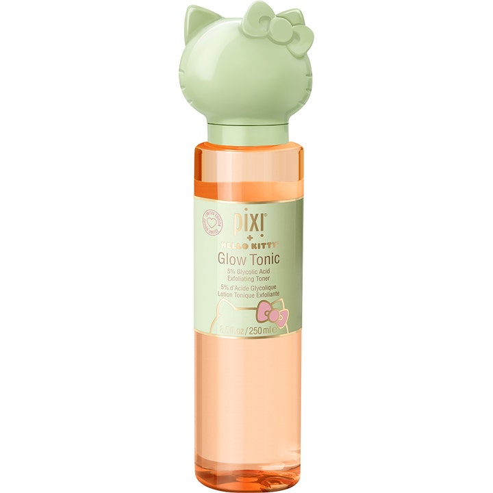 Pixi Hello Kitty Glow Tonic 250 ml kuoriva kasvovesi heleyttää ihoa oranssi pullo ja vihreä Hello Kitty -korkki