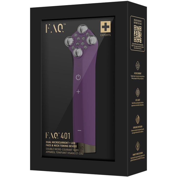 FAQ Swiss FAQ 401 Dual Microcurrent Red LED Toning Device kiinteyttävä ihonhoitotyökalu violetti laite mustassa rasiassa