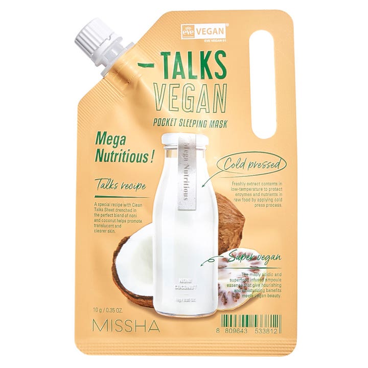 Missha Talks Vegan Pocket Sleeping Mask Mega Nutritious 10 g ravitseva yönaamio persikanvärisessä korkillisessa pussissa