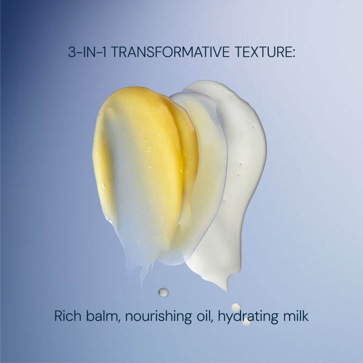 Elemis Pro-Collagen Cleansing Balm 100 g puhdistusvoide näyttää kolme koostumusta voiteesta öljyyn ja maitoon.