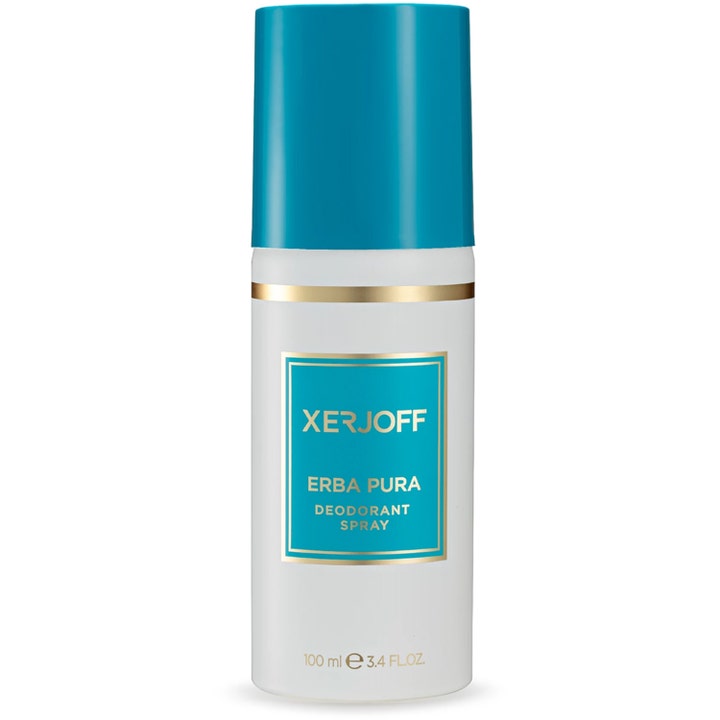 Xerjoff Erba Pura Deodorant Spray 100 ml raikastava deodoranttisuihke valkoisessa pullossa jossa on turkoosi korkki