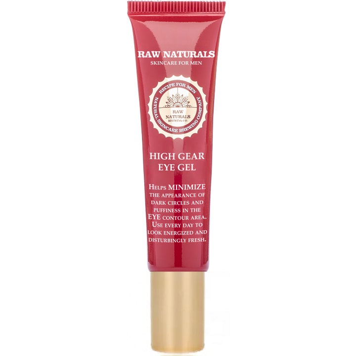 Raw Naturals High Gear Eye Gel 15 ml turvotusta laskeva silmänympärysgeeli punaisessa tuubissa kultaisella korkilla.