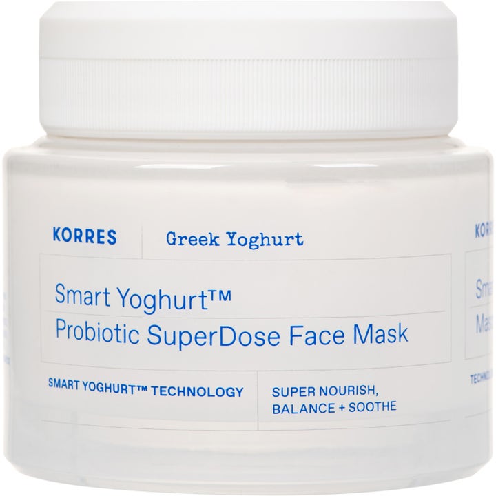 Korres Greek Yoghurt Probiotic SuperDose Face Mask 100 ml rauhoittava kasvonaamio valkoisessa purkissa sinisellä painatuksella.