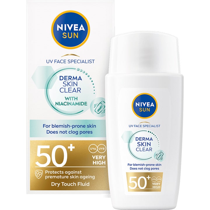 Nivea Sun Derma Skin Clear SPF 50+ aurinkosuojaneste kasvoille niasiiniamidilla valkoisessa muovipullossa.
