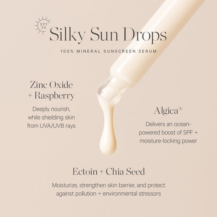 KORA Organics Silky Sun Drops 30 ml aurinkosuojaseerumi SPF 30 pipetillä ja vaalealla pisaralla.